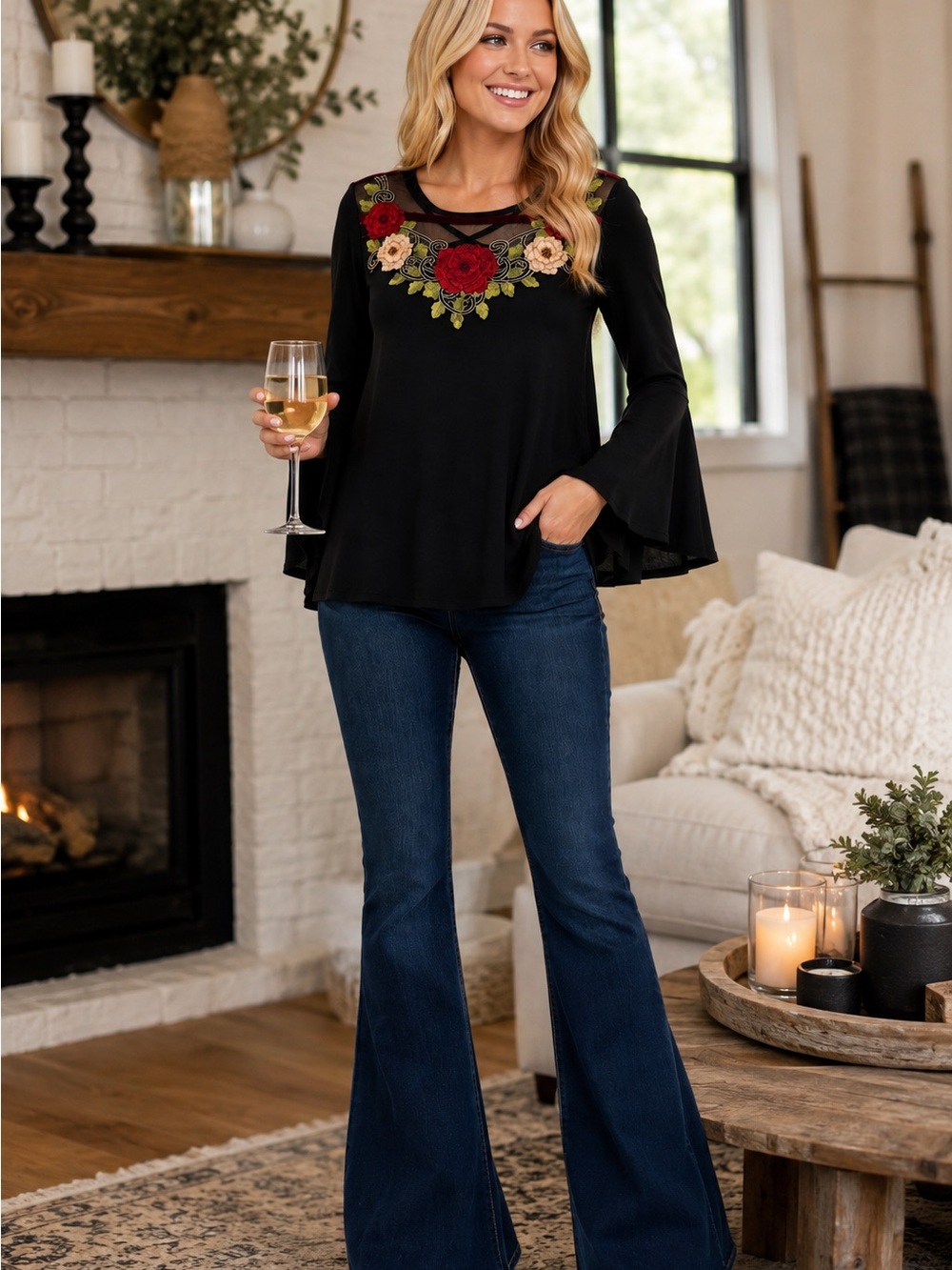 E6 Cha Cha Vente Small Black Embroidered Floral Mesh Bell Sleeve Blouse